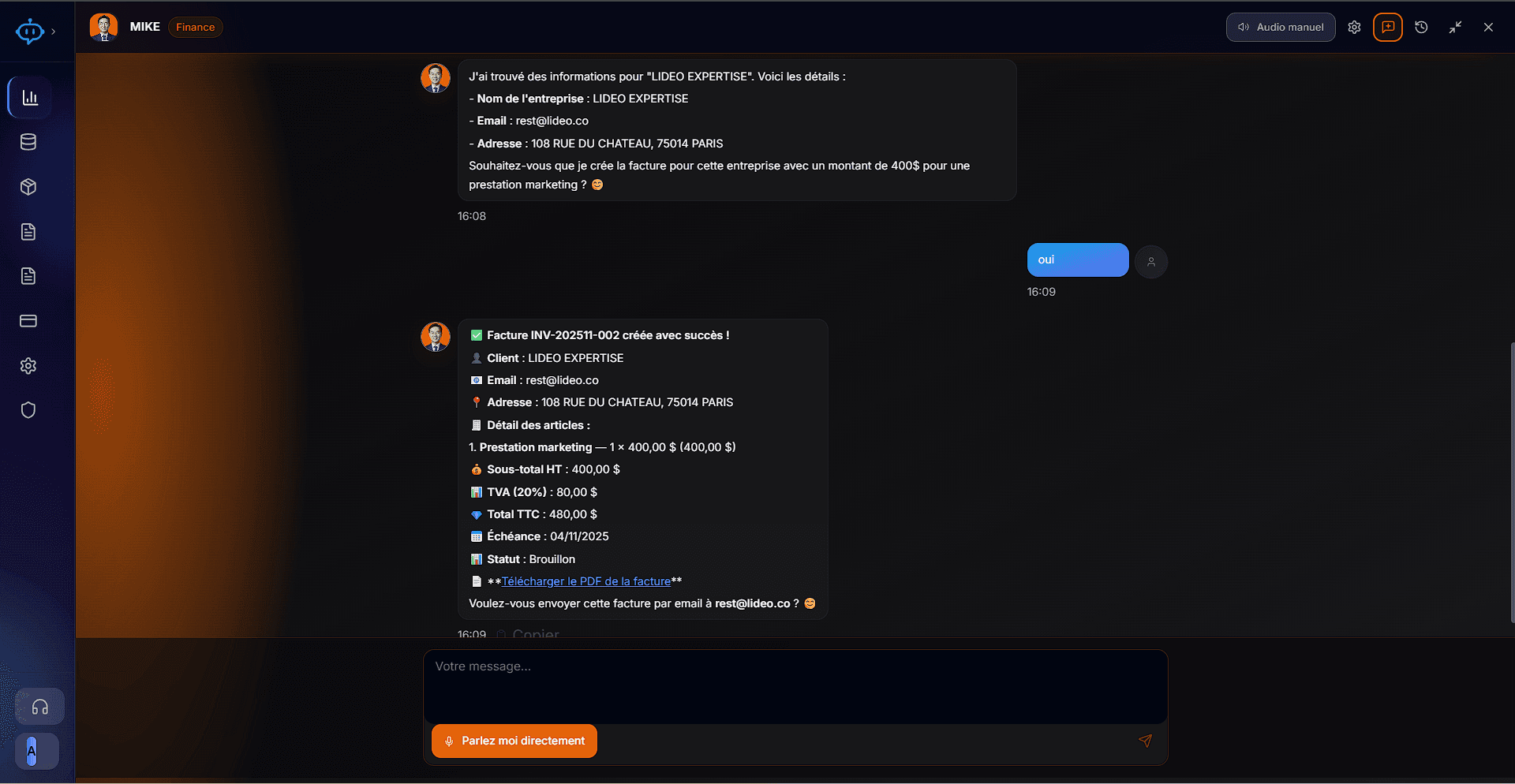 Discussion avec Mike, employé IA finance